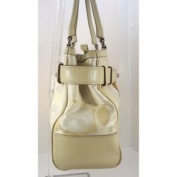 Coach Hampton Signature Cream White Canvas Stripe Satchel Shoulder Bag Buckle - Picture 5 of 11